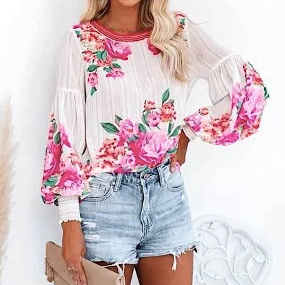 💝 Pretty Vici Floral Stripe Sheer Blouse Top White Pink Small